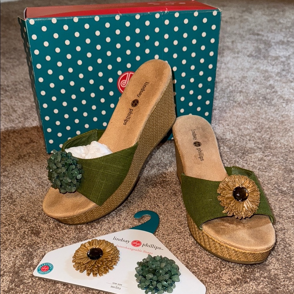 Lindsay Phillips Olive Wedge Sandals with Floral Detail
